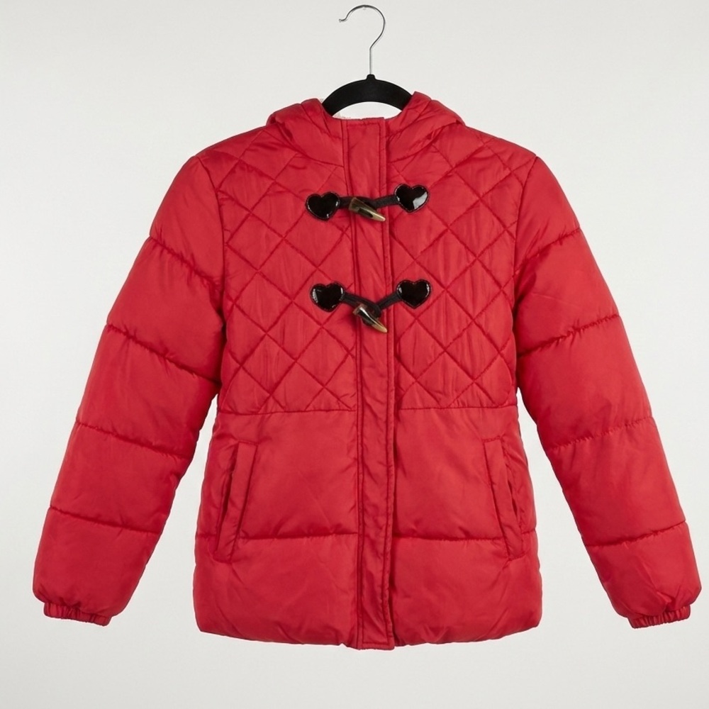 Pink Platinum Girls Red Quilted Puffer Coat Heart Toggles Fleece Lined 14/16 XL